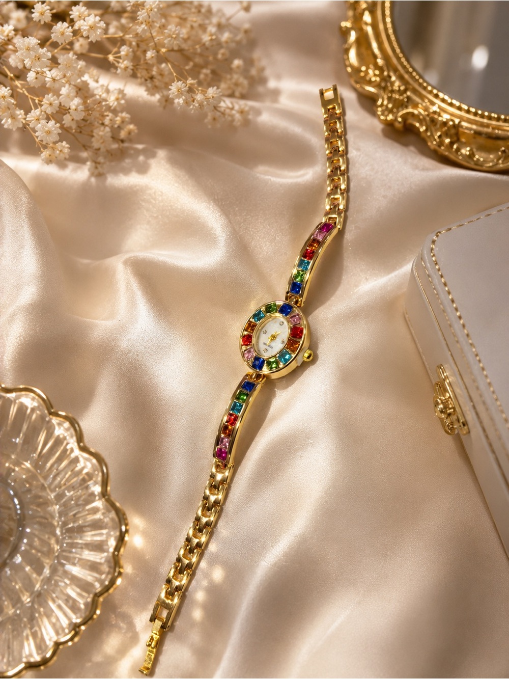 Gold-Tone Women's Bracelet Watch with Rainbow Gem Accents
